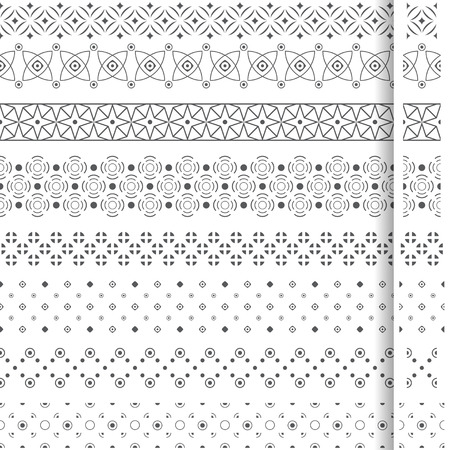 Set of vector geometrical dividers. Borders for the text, invitation cards, various printing editions. Dividing lines in the form of a seamless horizontal or vertical seamless pattern.のイラスト素材