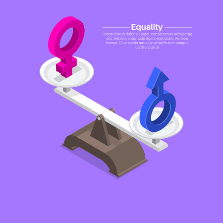 Gender signs on scales. Balance, equality between men's and a female. Isometry.3D. A vector illustration in flat style.のイラスト素材
