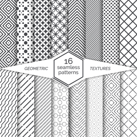 Big set of vector seamless patterns. Modern stylish geometric textures. Regularly repeating geometrical backgrounds with different shapes. Trendy graphic design. All samples in swatch panelのイラスト素材