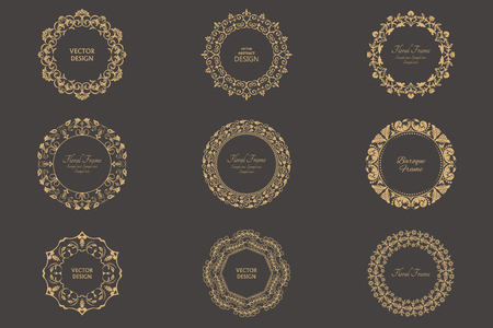 Set of circular baroque patterns. Round floral ornaments. Vintage frames. Greeting card. Wedding invitation. Retro style. Vector icon template, labels and badges.のイラスト素材