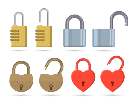 A set of the closed and open locks on the isolated white background. Elements for design. A vector illustration in flat style.のイラスト素材