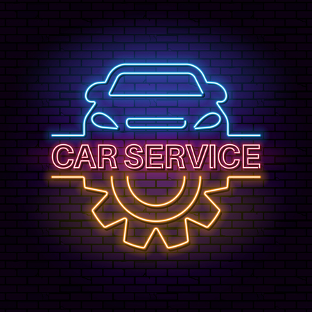Neon sign car service against a dark background. Repair of motor transport.The shining vector illustration for posters, advertizing, banners and other purposes.のイラスト素材