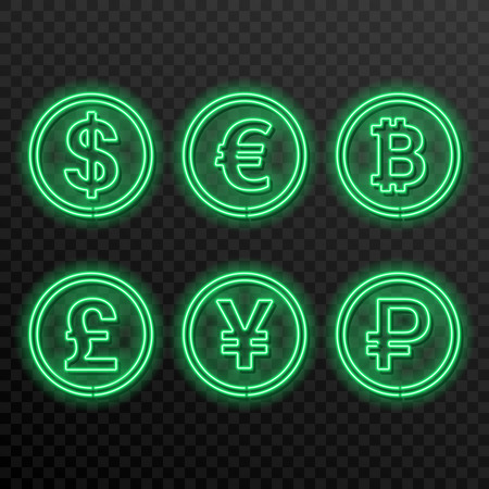 A set of neon symbols of currencies on a transparent background. Dollar, euro, pound, yuan, ruble, bitcoin. The shining bank notes. Design elements. Retro style. Vector illustration.のイラスト素材