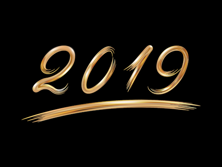 Happy New Year 2019.The text in the form of dabs a brush. A gold inscription on a black background. Elements for design. Vector festive illustration.のイラスト素材