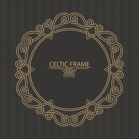 The Celtic golden frame executed in linear style. Round ornaments with the place for the text. Element of design, invitations, congratulations. Vector illustrationのイラスト素材