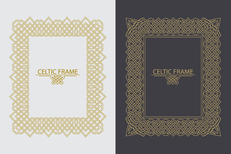 A set of the rectangular golden frames executed in linear style. The Celtic ornament for invitations, congratulations. Elements for design. Vector illustration.のイラスト素材