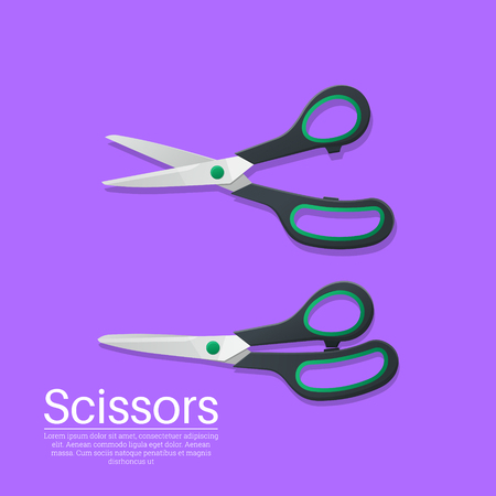A set of scissors with a shadow on the isolated background. Open and close tools. Office accessories. Elements for design. A vector illustration in flat style.のイラスト素材