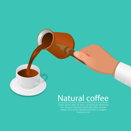 The hand pours fresh welded coffee in a cup. Concept of natural food. Elements for design.3D. Isometry. Vector illustration.のイラスト素材