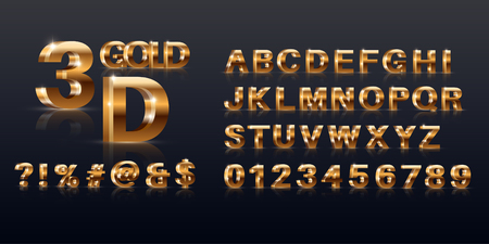 A set of the gold sparkling letters, figures and symbols.3D the alphabet. Elements for design, festive jewelry. Vector illustration.のイラスト素材