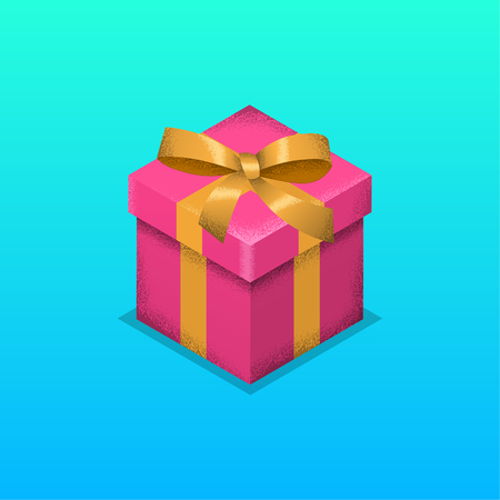 Symbol gift. Pink gift box with a bow.3D. Isometry. A vector illustration with grunge texture. An element for design.のイラスト素材
