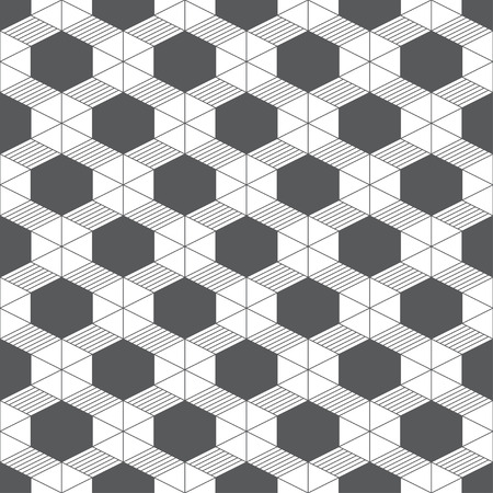 Seamless pattern. Infinitely repeating modern geometrical texture consisting of linear hexagons, cubes, triangles, rhombuses. Thin line. Vector element of graphical designのイラスト素材