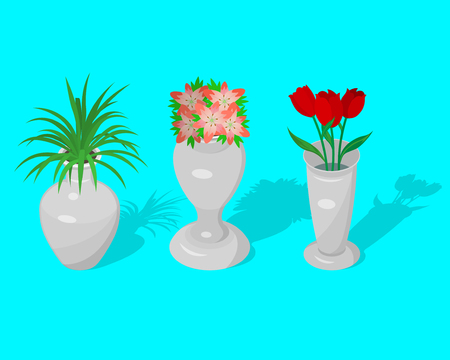 A set of jugs and a vase with decorative flowers with a shadow. Elements for design.3D. Isometry. A vector illustration in flat style.のイラスト素材