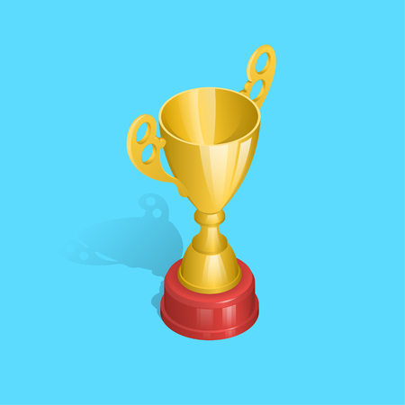 Champion gold cup with a shadow on the isolated blue background.First prize of the winner.Award for a victory.3D. Isometry. An element for design.Vector illustration.のイラスト素材