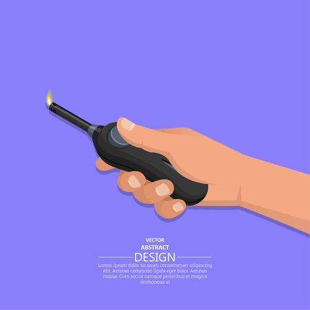 The hand holds the lit lighter for gas stoves.Kitchen accessory.3D. Isometry. An element for design. A vector illustration in flat style.のイラスト素材