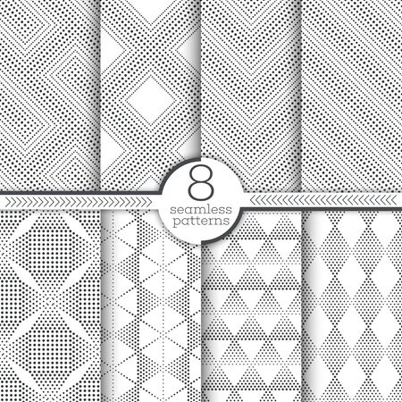 Set of vector seamless patterns. Modern stylish textures with small dots. Infinitely repeating geometrical halftone ornaments with dotted shapes, rhombus, triangle, hexagon, star, zigzagのイラスト素材