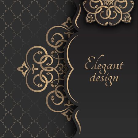 A golden congratulatory frame in Arabic style. Decorative ancient ornament. The card for invitations. A flower shape for the text. Vector illustrations. Design elements.のイラスト素材