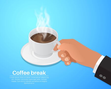 Coffee break.Businessman hand holds a cup with a drink.Pause in work.3D. Isometry. Vector illustration.のイラスト素材