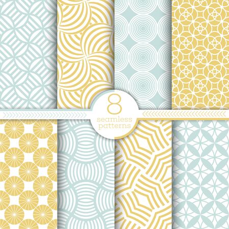Set of vector seamless patterns. Modern stylish textures. Regularly repeating geometrical ornaments with striped rhombuses, stars, circles, arcs.のイラスト素材