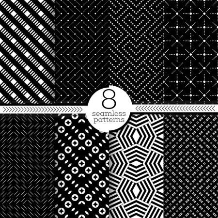 Set of vector seamless patterns. Modern stylish textures. Regularly repeating geometrical ornaments with small rhombuses, thin lines, dots, crosses, corners, circles.のイラスト素材