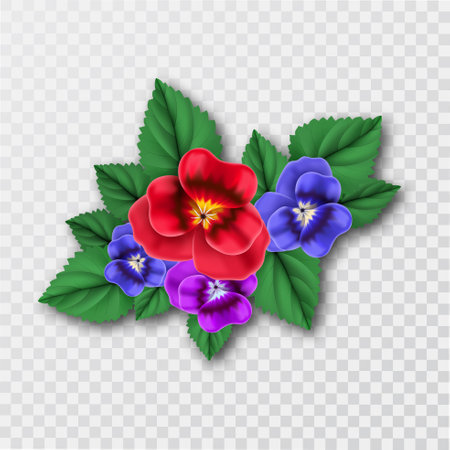 Bouquet of colorful flowers with leaves.Realistic planting on isolated transparent background.Decorative items close-up.Floral decoration with shadow.3D.Vector illustration.のイラスト素材