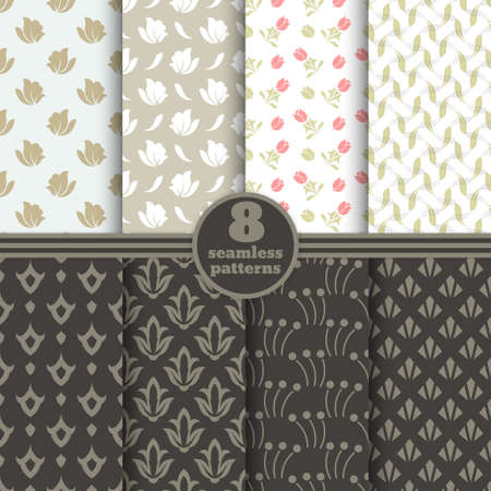 Vector seamless pattern set. Repeating floral textures with leaves. Pattern can be used as background, fabric print, surface texture, wrapping paper, web page backdrop, wallpaperのイラスト素材