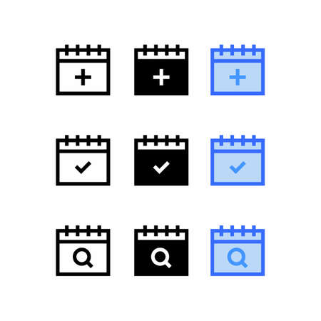 add event icon with three style time and date sign symbols and event reminder, Calendar icons setのイラスト素材