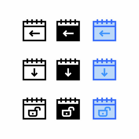 back event icon with three style time and date sign symbols and event reminder, Calendar icons setのイラスト素材