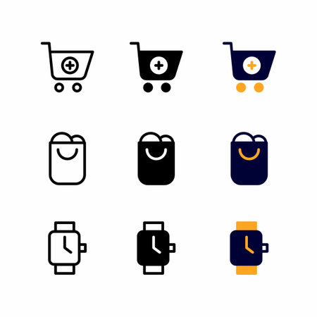 add to cart icon set with three style for presentation, poster, banner, and social mediaのイラスト素材