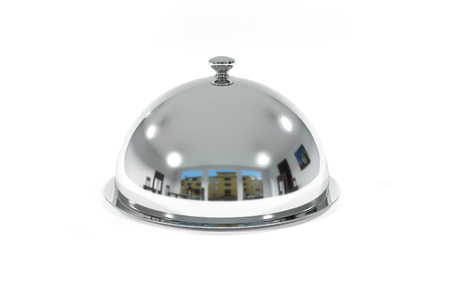 silver restaurant cloche on white surface isolatedの写真素材