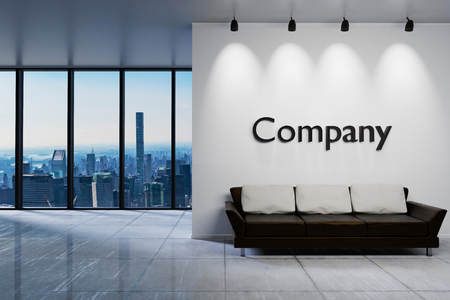 Modern clean office waiting area reception with skyline view, white wall with company lettering, 3D Illustrationの写真素材