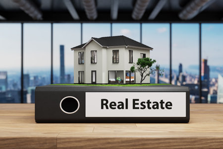 real estate, modern house villa style standing on wooden desk modern office, foreclosure, 3D Illustrationの写真素材