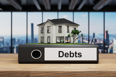 debts, modern house villa style standing folder on wooden desk modern office, foreclosure, 3D Illustrationの写真素材