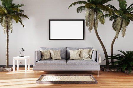 canceled vacation and stay at home concept; elegant living room interior with vintage sofa between...