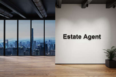 luxury loft with skyline view, wall with estate agent lettering, 3D Illustrationの写真素材