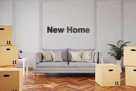 minimalistic elegant living room interior with stacks of moving boxes and sofa in front of new home lettering; 3D Illustrationの写真素材
