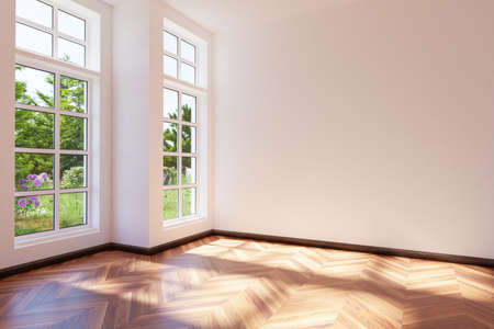 retro vintage style living room wooden parquet; large windows with garden view; 3D Illustration;の写真素材