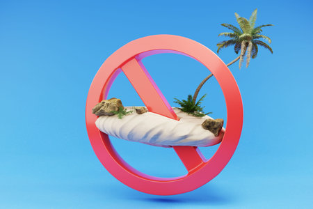 stylized tropical island with palmtree hovering with red prohibition sign; travel ban and canceled...