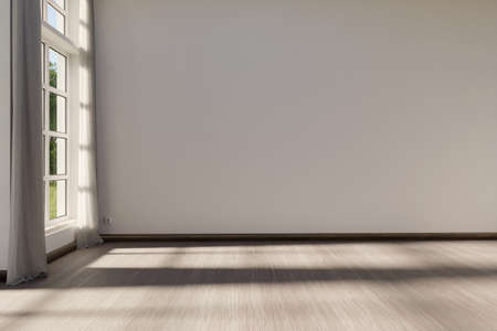 large room with white wall and window; interior background with copy space; 3D Renderingの写真素材