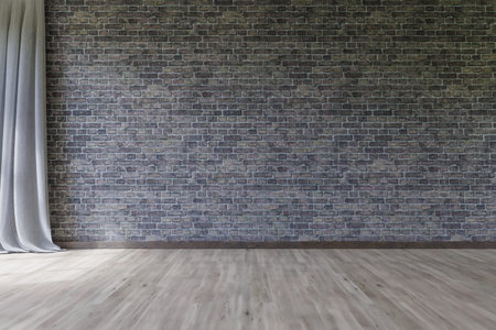 empty brickstone wall frontal modern light-flooded room, wooden parquet floor; sunshine curtain; 3D...