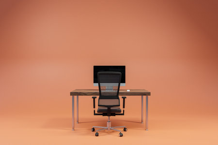 single empty office computer workspace discount offer on infinite orange background; online ecommerce concept; 3D Illustrationの写真素材