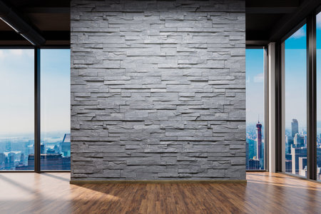 large office centered blank grey stone tile wall and copy space in front of panoramic window skyline...