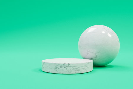 3D display podium pastel green background. Nature marble minimal pedestal beauty, cosmetic product presentation sphere ball. copy space template, 3D Illustrationの写真素材
