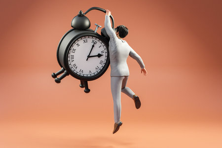 businessman hanging floating huge retro alarm clock; punctuality and reliability concept; infinite orange background; 3D Illustration;の写真素材