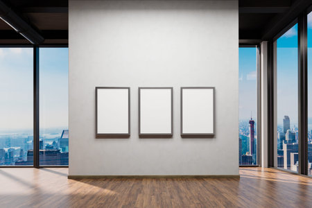large office with centered white wall and white canvas; copy space in front of panoramic skyline...