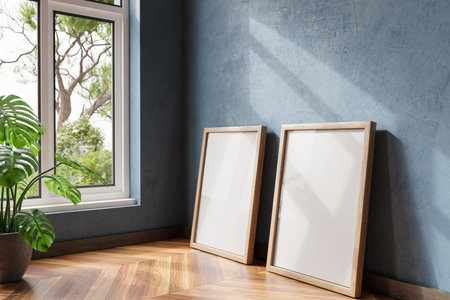 two empty canvas poster mock up leaning on wall; bright daylight shining through large window; home decoration desing; 3D Illustrationの写真素材