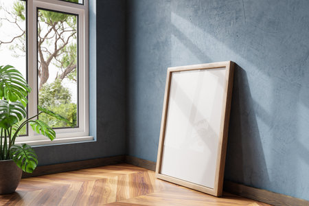 single empty canvas poster mock up leaning on wall; bright daylight shining through large window; home decoration desing; 3D Illustrationの写真素材
