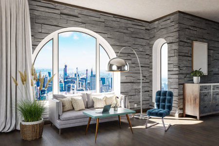 luxurious loft apartment with arched window and panoramic view over downtown; noble interior living...