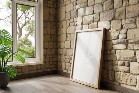 single empty canvas poster mock up leaning on wall; bright daylight shining through large window;...