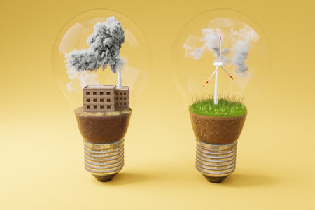 lightbulbs with minature wind turbine and coal-fired power station  inside; green soil and clouds; pollution and smoke; renewable energy concept; infinite background; 3D Illustrationの写真素材