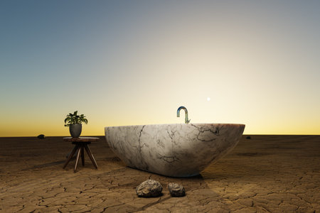 lonely freestanding bathtub in desert environment; travel hotel relaxation concept; 3D illustrationの写真素材